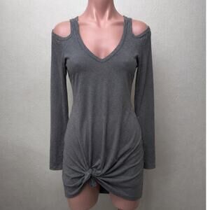 NWT Berryou Gray Cold-Shoulder Long Sleeve Front Tie Hem Knit Mini Dress Medium
